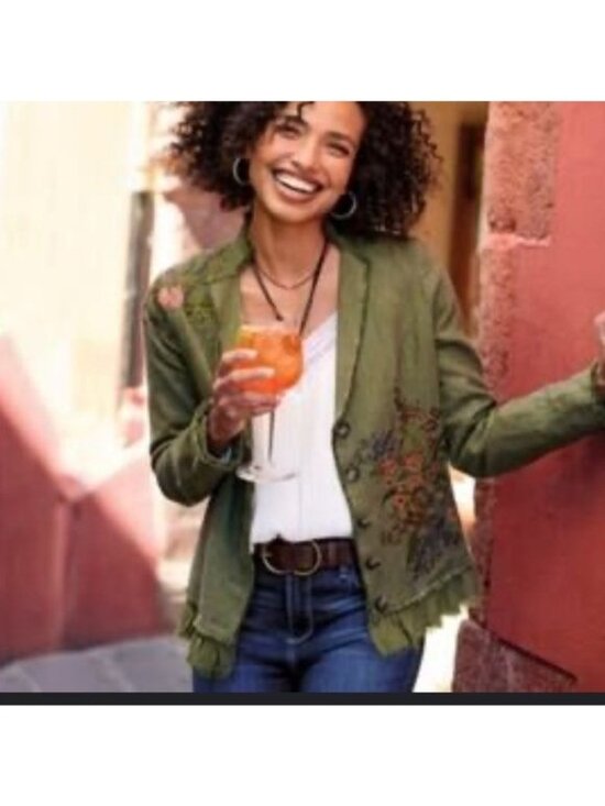 Sundance Jackets & Blazers - Sundance Embroidered Floral Linen Olive Green Blazer Jacket Lined Size M New